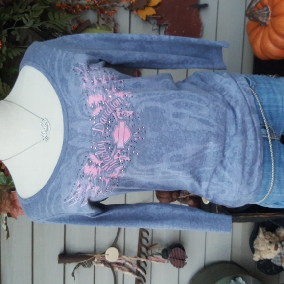 HARLEY-DAVIDSON ♡ Gray|Pink Embellished Rhinestones Detailed Graphics H-D Top S - Picture 4 of 10